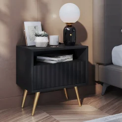 Garnero Arredamenti Comodini Cameretta|Comò-Comodino 47x48h cm moderno cannettato nero Celestia Nero Opaco