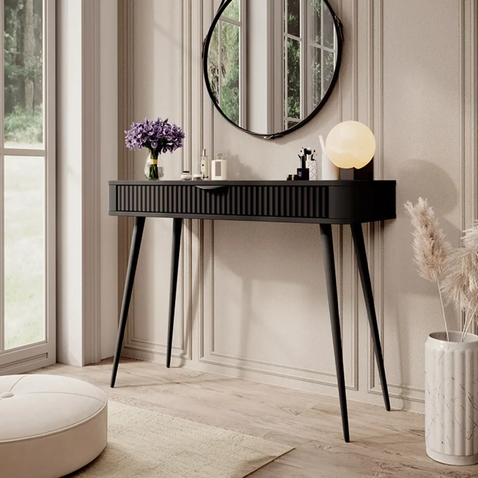 Garnero Arredamenti Consolle Fissa|Consolle Fissa-Consolle ingresso 100x78cm 1 cassetto cannettato Ramis Nero Opaco