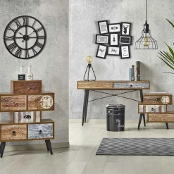 Garnero Arredamenti Consolle Fissa|Consolle Fissa-Consolle moderna 120x73cm acciaio nero rovere multicolore con stampe Kabul