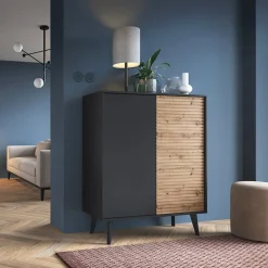 Garnero Arredamenti Credenza Alta-Credenza alta cannettata 104x125h cm con 2 ante in stile moderno rovere nero Gotham
