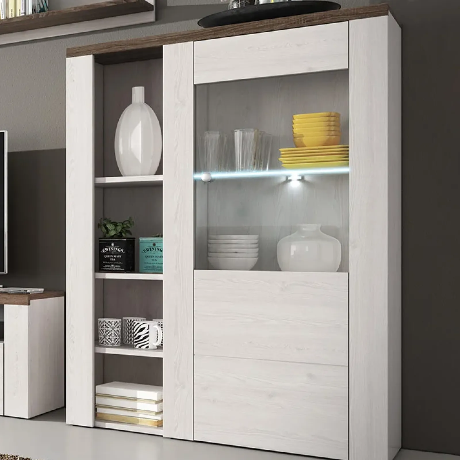 Garnero Arredamenti Credenza Alta|Credenze Moderne-Credenza alta 100x145h cm 1 anta con vetrina bianco frassinato rovere Paloma 2 Bianco Frassinato - Noce