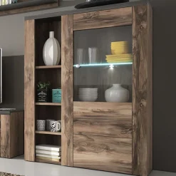 Garnero Arredamenti Credenza Alta|Credenze Moderne-Credenza alta 100x145h cm 1 anta con vetrina noce rovere grigio Paloma 2 Noce - Grigio