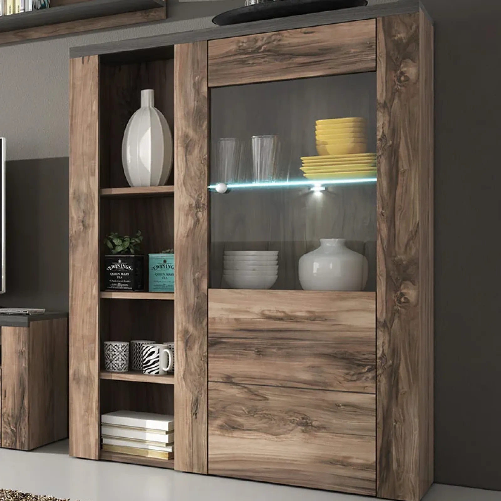 Garnero Arredamenti Credenza Alta|Credenze Moderne-Credenza alta 100x145h cm 1 anta con vetrina noce rovere grigio Paloma 2 Noce - Grigio