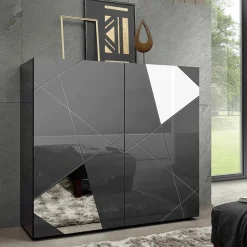 Garnero Arredamenti Credenza Alta-Credenza alta 120x109h cm 2 ante grigio lucido specchio con serigrafia Olimpo Antracite