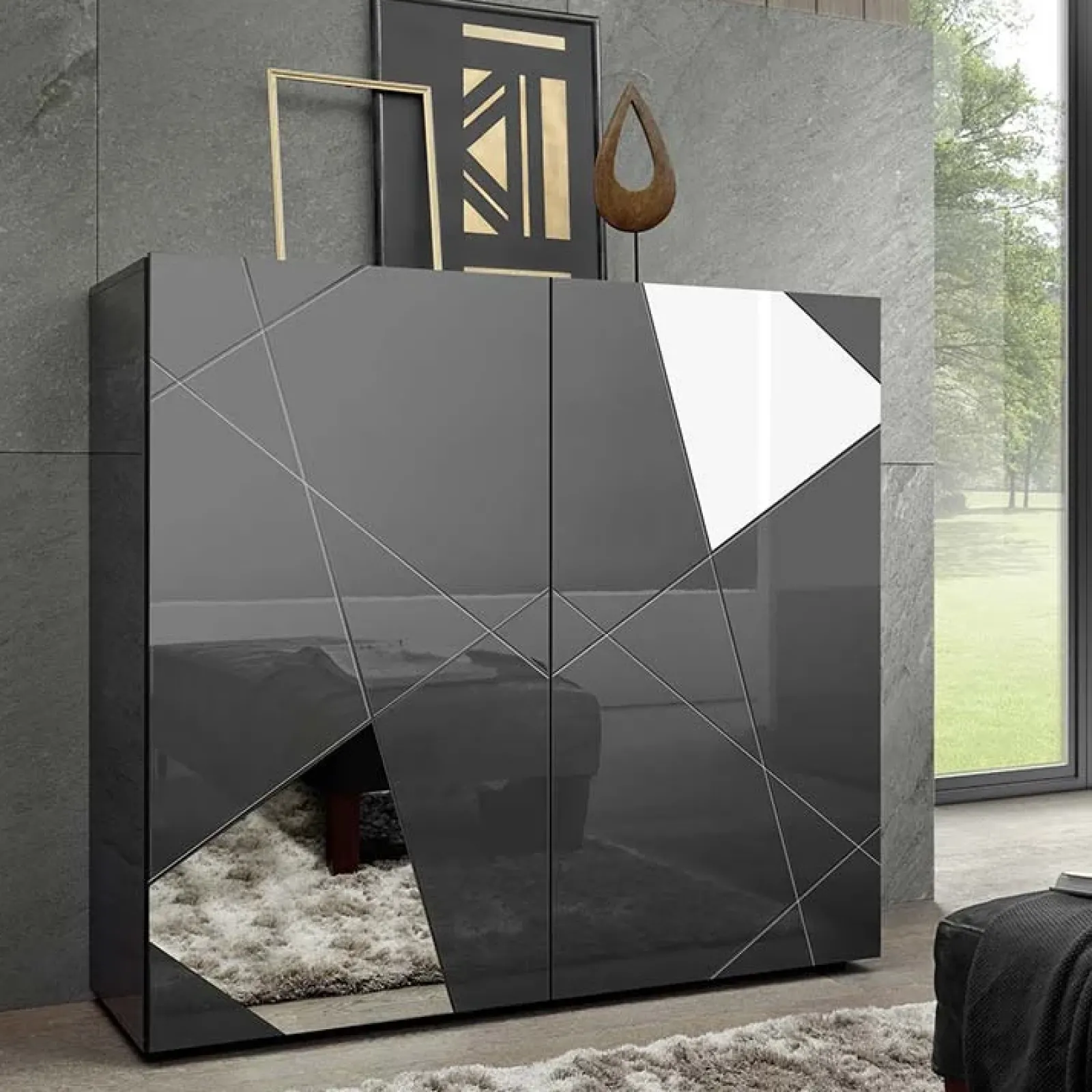 Garnero Arredamenti Credenza Alta-Credenza alta 120x109h cm 2 ante grigio lucido specchio con serigrafia Olimpo Antracite