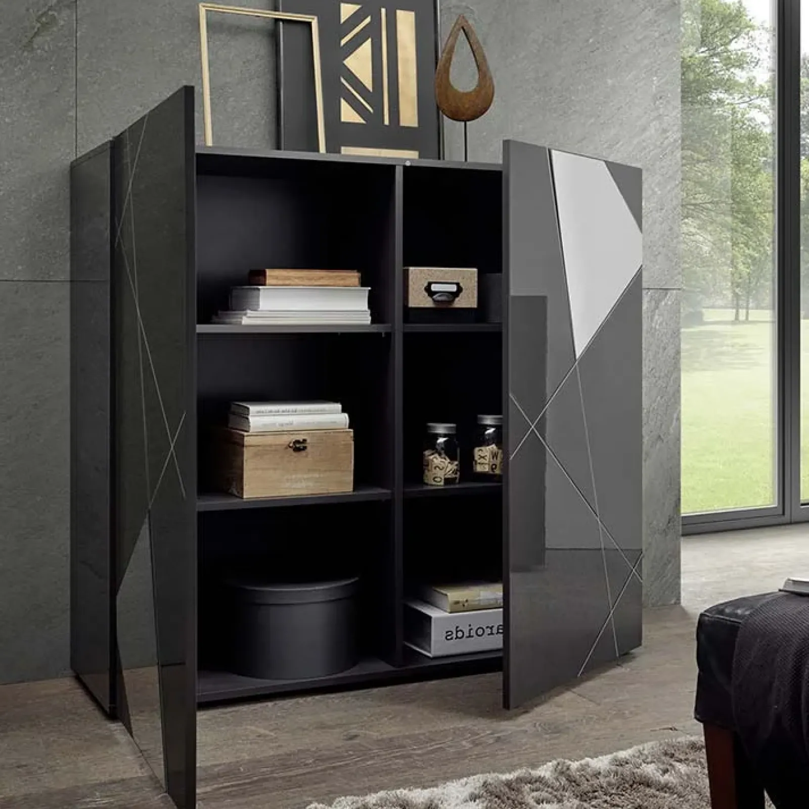 Garnero Arredamenti Credenza Alta-Credenza alta 120x109h cm 2 ante grigio lucido specchio con serigrafia Olimpo Antracite