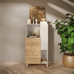 Garnero Arredamenti Credenza Alta|Credenze Moderne-Credenza alta 81x154h cm 2 ante bianco lucido rovere chiaro Witty Rovere - Bianco Lucido