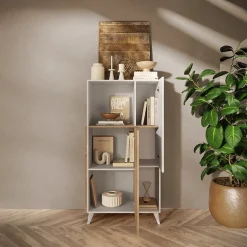 Garnero Arredamenti Credenza Alta|Credenze Moderne-Credenza alta 81x154h cm 2 ante bianco lucido rovere chiaro Witty Rovere - Bianco Lucido