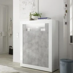 Garnero Arredamenti Credenza Alta-Credenza alta 110x144h cm 2 ante bianco lucido cemento Florena Bianco Lucido - Cemento