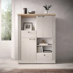 Garnero Arredamenti Credenze Moderne-Credenza alta 118x160h cm 2 ante 3 vani 2 cassetti rovere bianco frassinato Doria