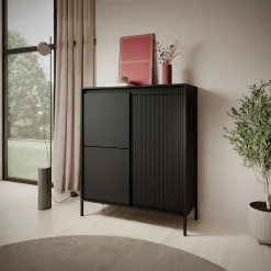Garnero Arredamenti Credenza Alta-Credenza alta 104x124h cm 3 ante cannettato Ciar Nero Opaco