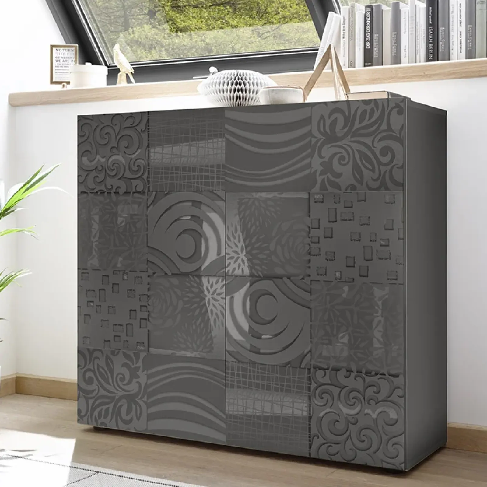 Garnero Arredamenti Credenza Alta|Credenze Moderne-Credenza alta 121x111h cm 2 ante grigio con serigrafia Paradise Antracite