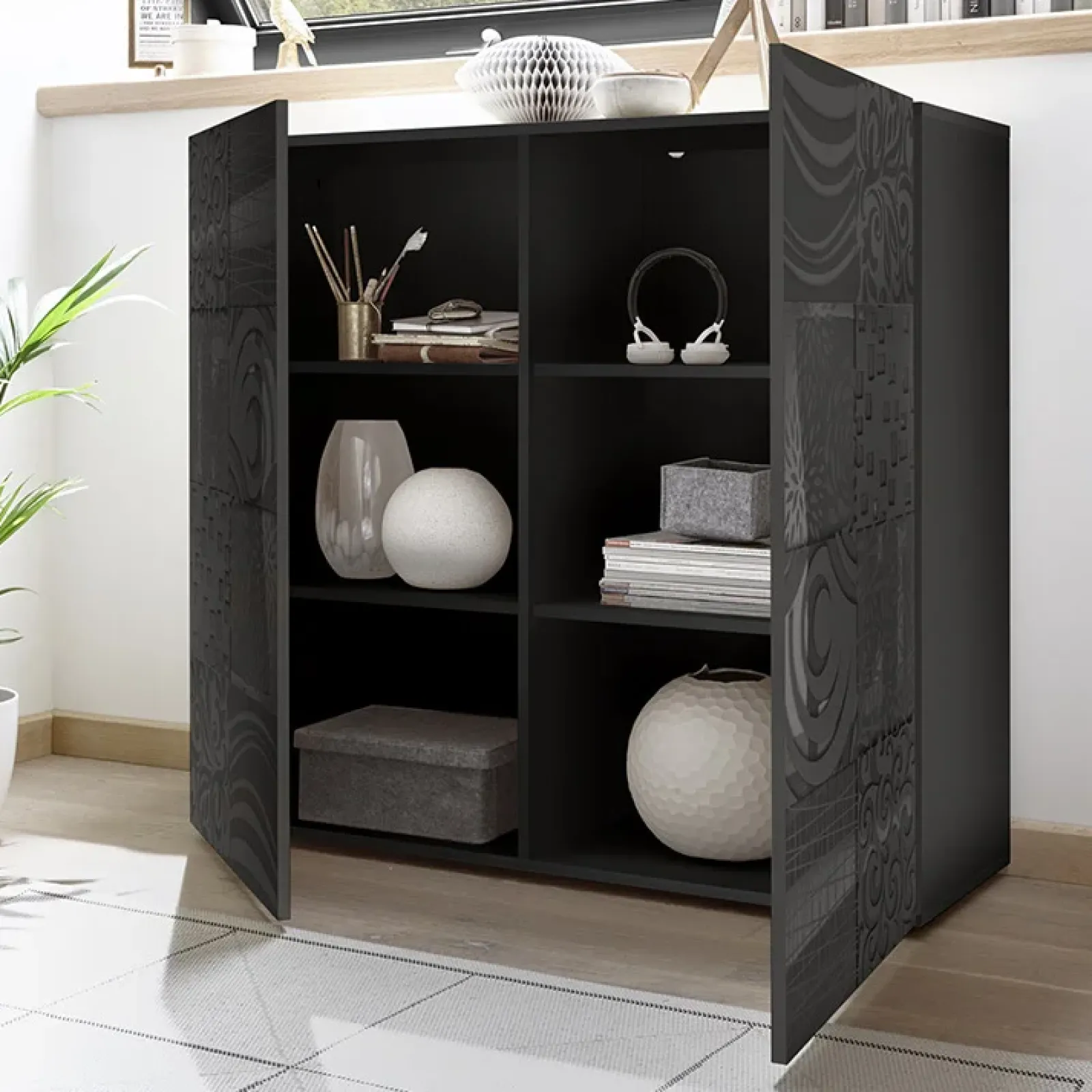 Garnero Arredamenti Credenza Alta|Credenze Moderne-Credenza alta 121x111h cm 2 ante grigio con serigrafia Paradise Antracite