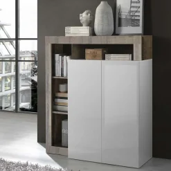 Garnero Arredamenti Credenza Alta|Credenze Moderne-Credenza alta 108x126h cm 2 ante soggiorno bianco lucido pero Invictus Rovere Rustico - Bianco Lucido