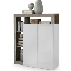 Garnero Arredamenti Credenza Alta|Credenze Moderne-Credenza alta 108x126h cm 2 ante soggiorno bianco lucido pero Invictus Rovere Rustico - Bianco Lucido