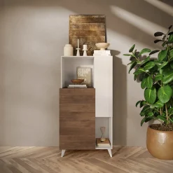 Garnero Arredamenti Credenza Alta|Credenze Moderne-Credenza alta 81x154h cm 2 ante bianco lucido rovere scuro Witty Noce - Bianco Lucido