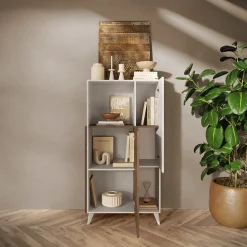 Garnero Arredamenti Credenza Alta|Credenze Moderne-Credenza alta 81x154h cm 2 ante bianco lucido rovere scuro Witty Noce - Bianco Lucido