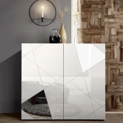 Garnero Arredamenti Credenza Alta-Credenza alta 121x111h cm 2 ante specchio con serigrafia Olimpo Bianco Lucido