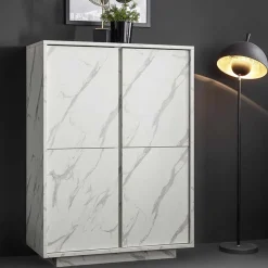Garnero Arredamenti Credenza Alta|Credenze Moderne-Credenza alta 92x145h cm 4 ante effetto Viking Marmo bianco