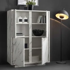 Garnero Arredamenti Credenza Alta|Credenze Moderne-Credenza alta 92x145h cm 4 ante effetto Viking Marmo bianco