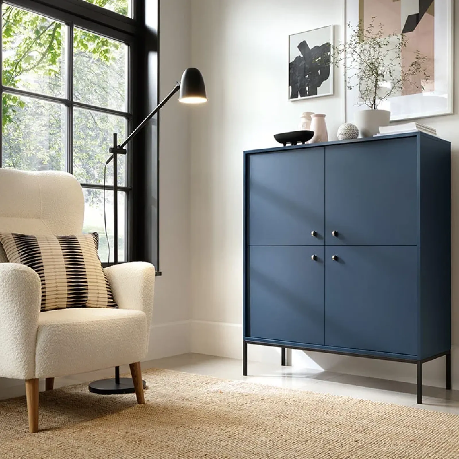 Garnero Arredamenti Credenza Alta-Credenza alta 104x125h cm 4 ante soggiorno notte Glory Blu
