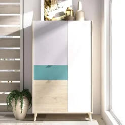 Garnero Arredamenti Credenza Alta|Credenze Moderne-Credenza alta 80x137h cm 3 ante rovere grigio bianco petrolio Dominic