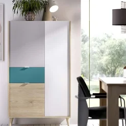 Garnero Arredamenti Credenza Alta|Credenze Moderne-Credenza alta 80x137h cm 3 ante rovere grigio bianco petrolio Dominic