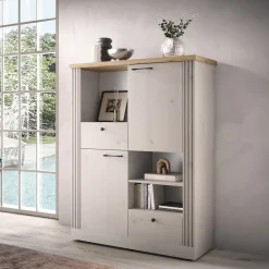 Garnero Arredamenti Credenze Moderne-Credenza alta 118x160h cm 2 ante 2 cassetti 3 vani rovere bianco frassinato Armonia