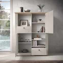 Garnero Arredamenti Credenze Moderne-Credenza alta 118x160h cm 2 ante 2 cassetti 3 vani rovere bianco frassinato Armonia