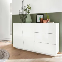 Garnero Arredamenti Credenze Moderne|Madie Moderne-Credenza moderna 140x86h cm 2 ante 3 cassetti Candia Gihome® Bianco Lucido