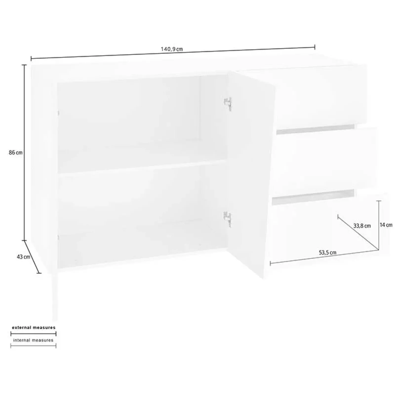 Garnero Arredamenti Credenze Moderne|Madie Moderne-Credenza moderna 140x86h cm 2 ante 3 cassetti Candia Gihome® Bianco Lucido