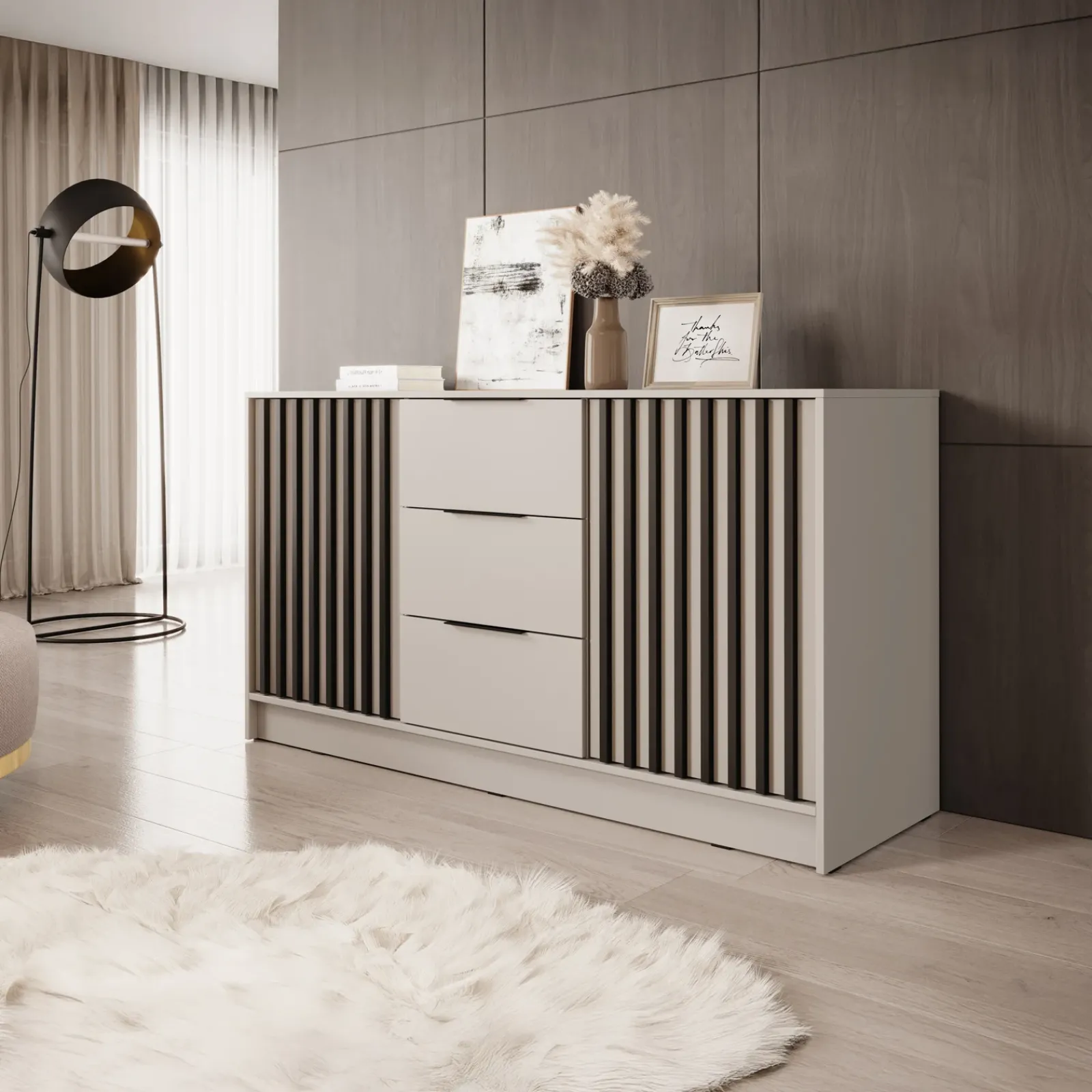 Garnero Arredamenti Credenze Moderne|Madie Moderne-Credenza moderna 155x86h cm 2 ante 3 cassetti cashmere Miller Beige