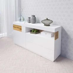 Garnero Arredamenti Credenze Moderne|Madie Moderne-Credenza 169x85h cm 1 anta 3 cassetti bianco lucido rovere Bahama Bianco Lucido - Rovere Rustico