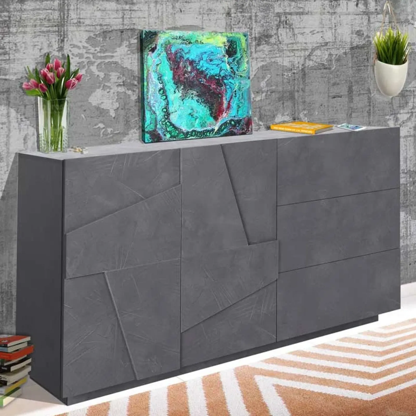 Garnero Arredamenti Credenze Moderne|Madie Moderne-Credenza 143x86h cm 2 ante 3 cassetti moderna Zenzero Gihome® Ossido