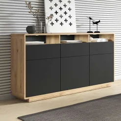Garnero Arredamenti Credenze Moderne|Madie Moderne-Credenza 180x96h cm 3 ante 3 cassetti moderna nero opaco rovere Esmond