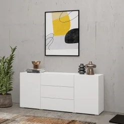 Garnero Arredamenti Credenze Moderne|Madie Moderne-Credenza 140x63h cm 2 ante 3 cassetti  moderna soggiorno bianca Fusion Bianco Opaco