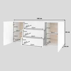 Garnero Arredamenti Credenze Moderne|Madie Moderne-Credenza 140x63h cm 2 ante 3 cassetti moderna soggiorno bianca Fusion Bianco Opaco