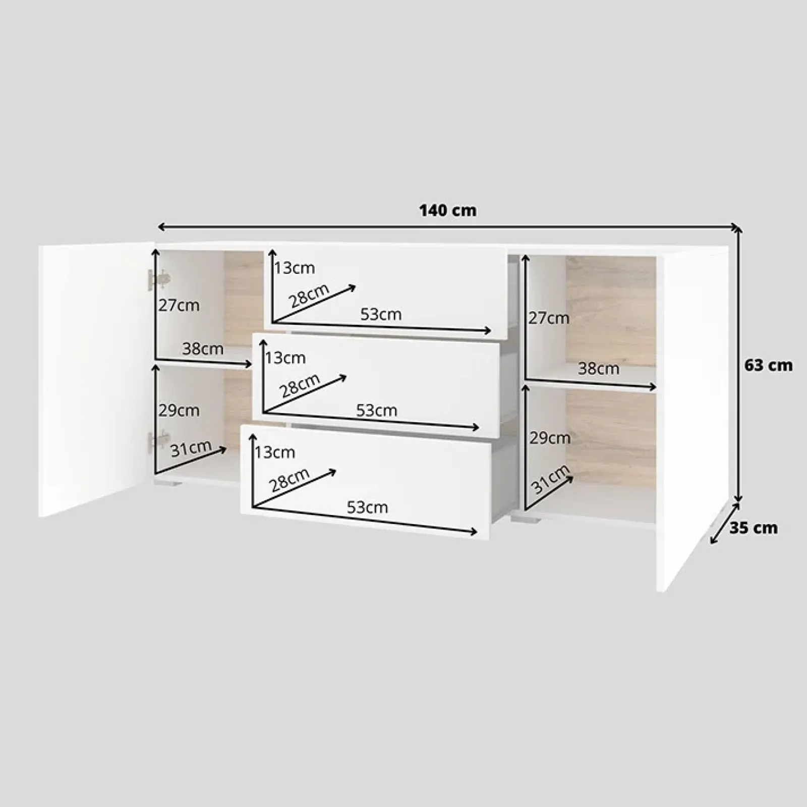 Garnero Arredamenti Credenze Moderne|Madie Moderne-Credenza 140x63h cm 2 ante 3 cassetti moderna soggiorno bianca Fusion Bianco Opaco