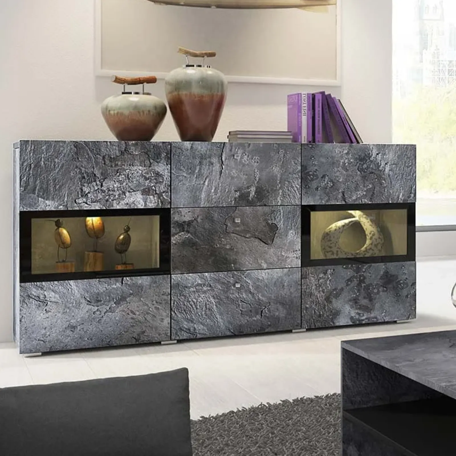 Garnero Arredamenti Credenze Moderne|Madie Moderne-Credenza 132x70h cm 2 ante 3 cassetti moderna nero Emotion Gihome® Ossido
