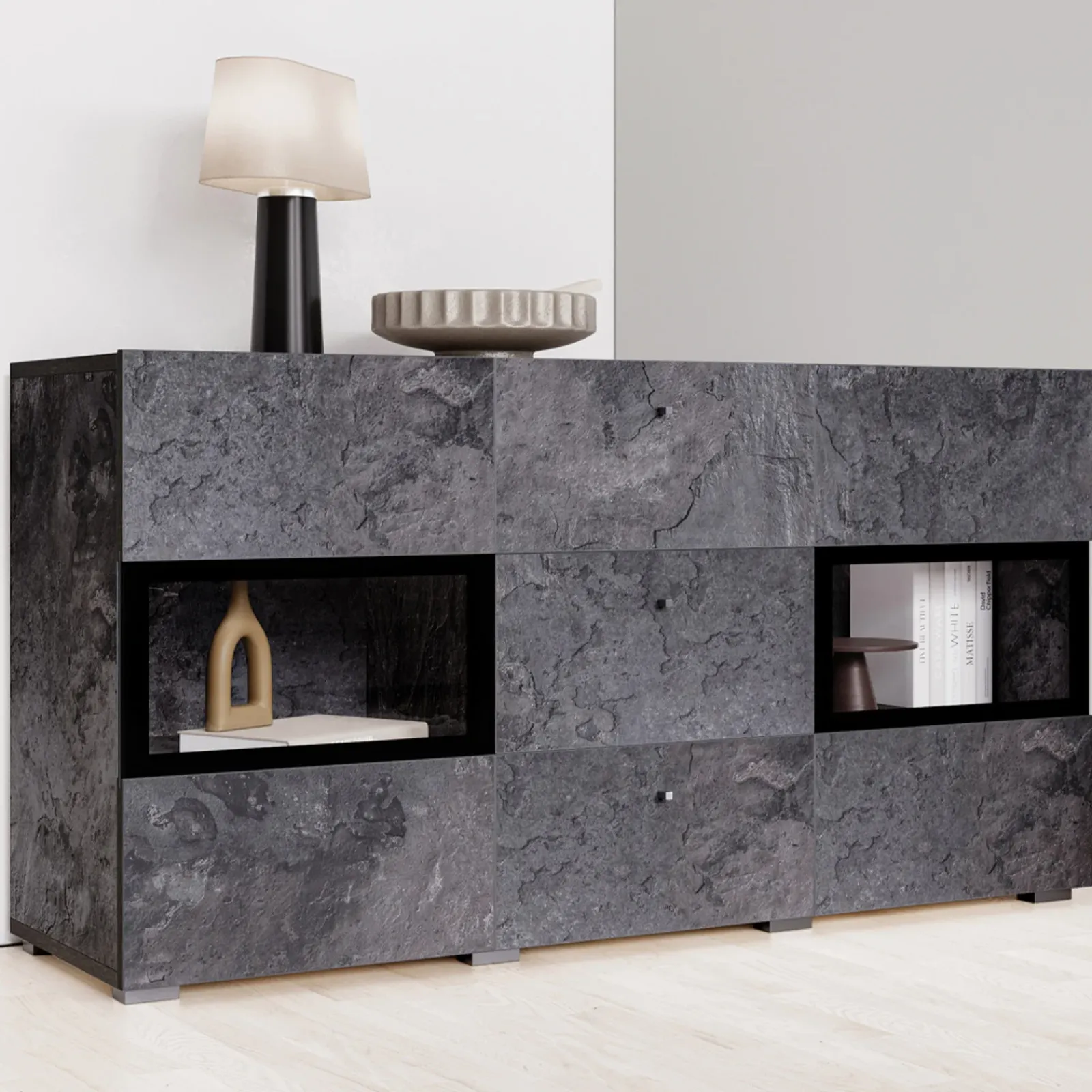 Garnero Arredamenti Credenze Moderne|Madie Moderne-Credenza 132x70h cm 2 ante 3 cassetti moderna nero Emotion Gihome® Ossido