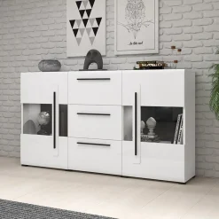 Garnero Arredamenti Credenze Moderne|Madie Moderne-Credenza 180x103h cm 2 ante 3 cassetti con vetrinetta moderna bianco opaco e lucido Maiorca Bianco Lucido