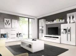 Garnero Arredamenti Credenze Moderne|Madie Moderne-Credenza 180x103h cm 2 ante 3 cassetti con vetrinetta moderna bianco opaco e lucido Maiorca Bianco Lucido