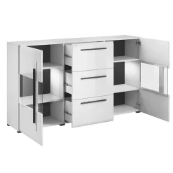 Garnero Arredamenti Credenze Moderne|Madie Moderne-Credenza 180x103h cm 2 ante 3 cassetti con vetrinetta moderna bianco opaco e lucido Maiorca Bianco Lucido