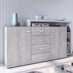 Garnero Arredamenti Credenze Moderne|Madie Moderne-Credenza 180x98h cm 2 ante 4 cassetti moderna bianco cemento Megan Gihome® Cemento - Bianco opaco