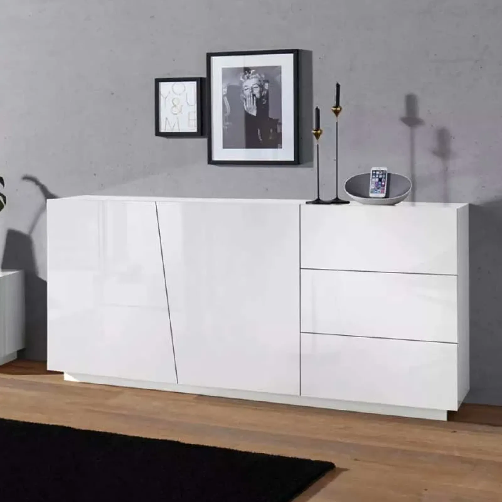 Garnero Arredamenti Credenze Moderne|Madie Moderne-Credenza 180x86h cm 2 ante 3 cassetti Candia Gihome® Bianco Lucido