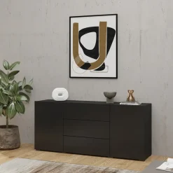 Garnero Arredamenti Credenze Moderne|Madie Moderne-Credenza 140x63h cm 2 ante 3 cassetti moderna soggiorno nero Fusion Nero Opaco