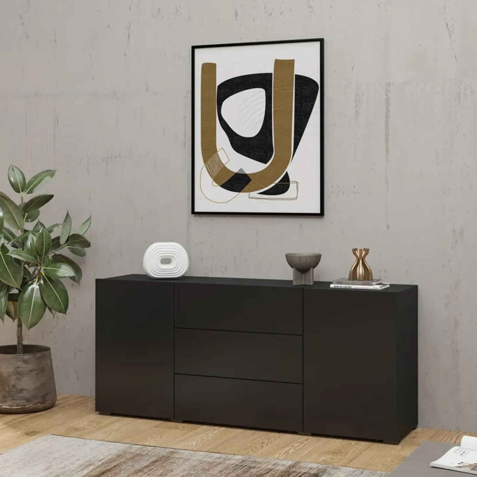 Garnero Arredamenti Credenze Moderne|Madie Moderne-Credenza 140x63h cm 2 ante 3 cassetti moderna soggiorno nero Fusion Nero Opaco