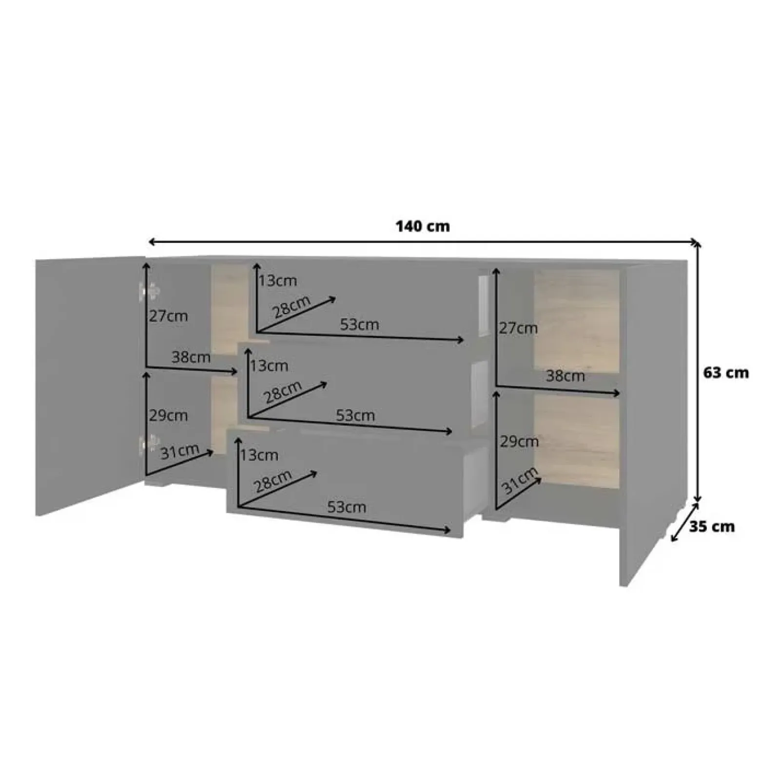Garnero Arredamenti Credenze Moderne|Madie Moderne-Credenza 140x63h cm 2 ante 3 cassetti moderna soggiorno nero Fusion Nero Opaco