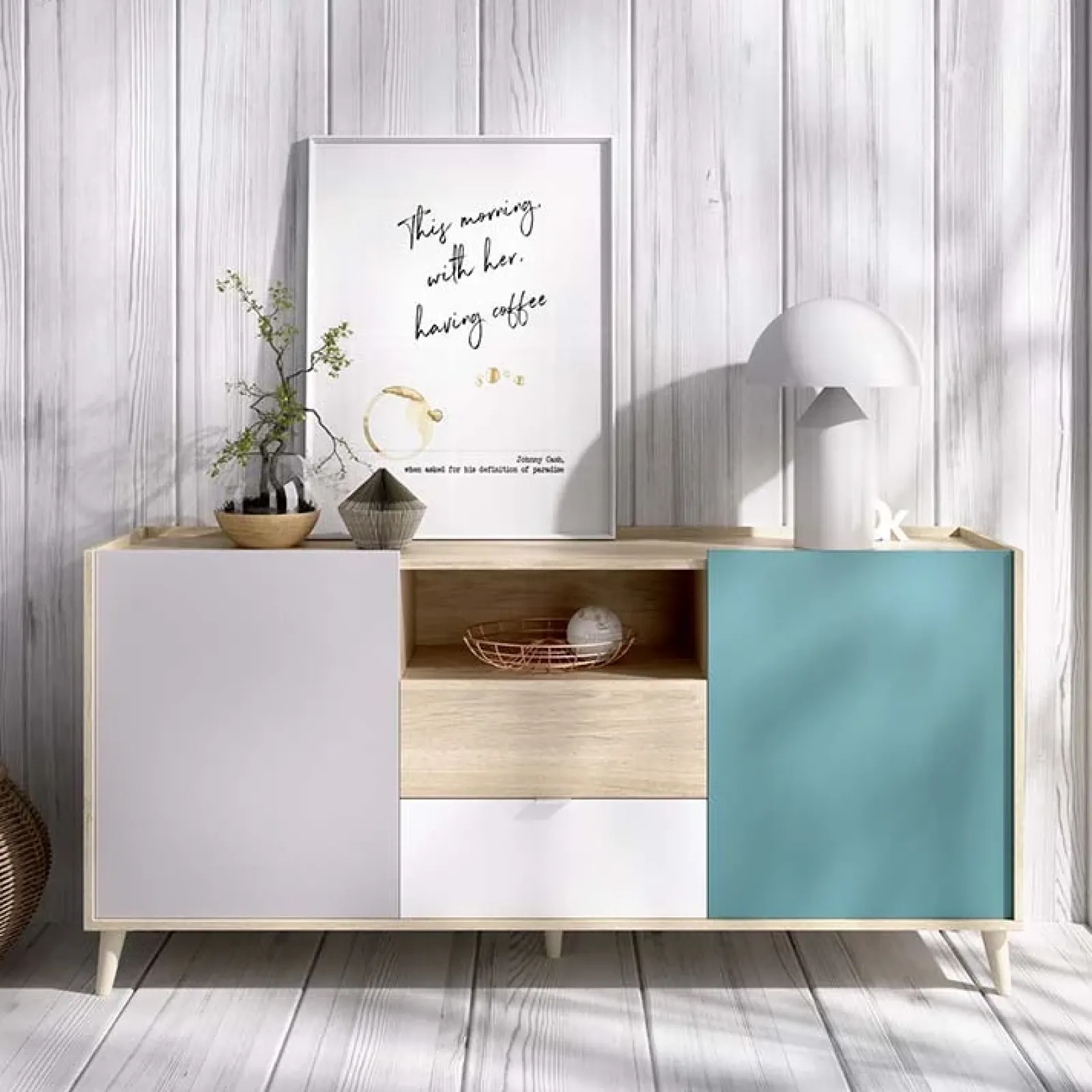 Garnero Arredamenti Credenze Moderne|Madie Moderne-Credenza 155x75h cm 2 ante 2 cassetti rovere grigio bianco petrolio Dominic