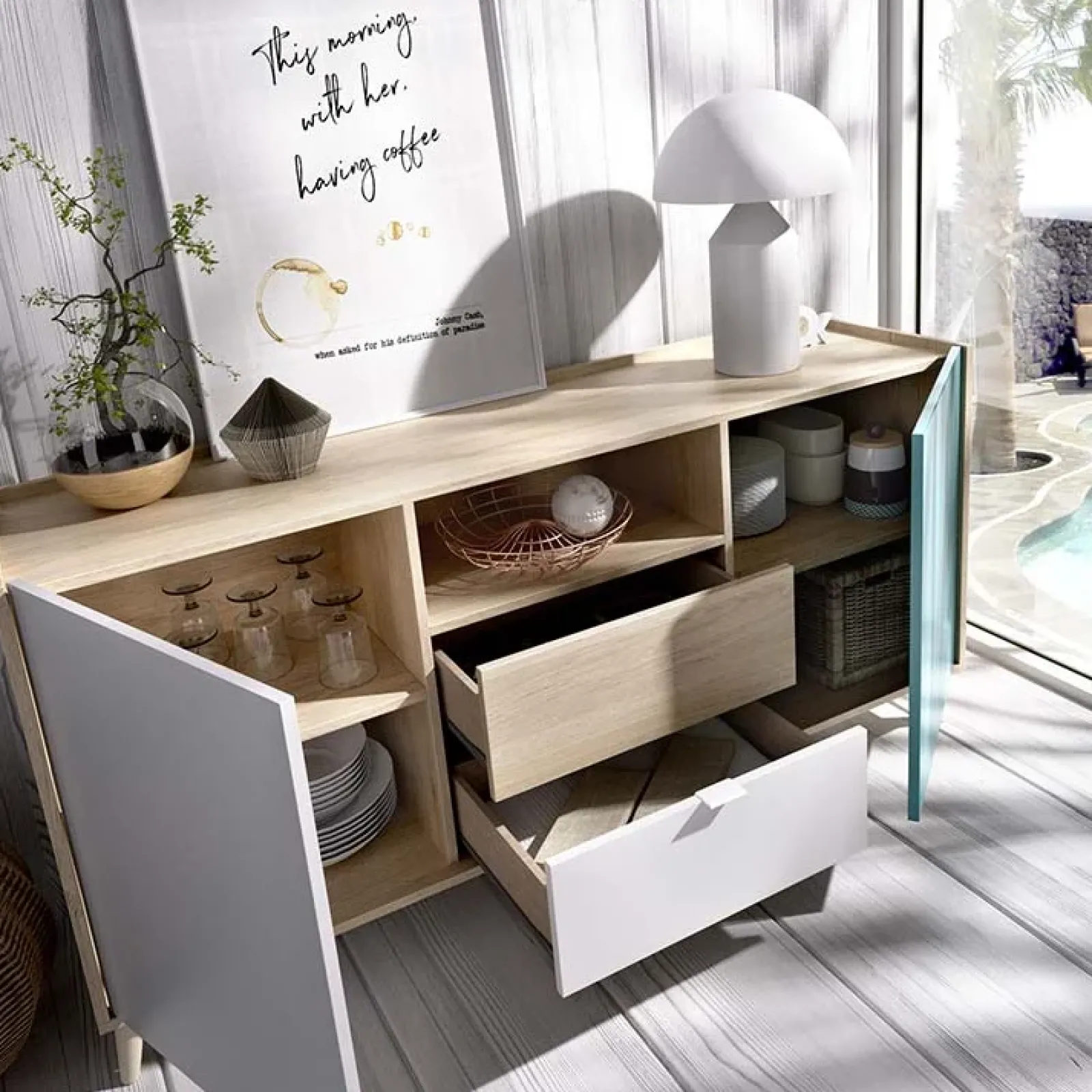 Garnero Arredamenti Credenze Moderne|Madie Moderne-Credenza 155x75h cm 2 ante 2 cassetti rovere grigio bianco petrolio Dominic